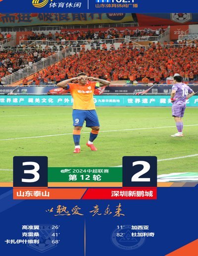 泰山速射破门克雷桑染红新鹏城0-1落后半场